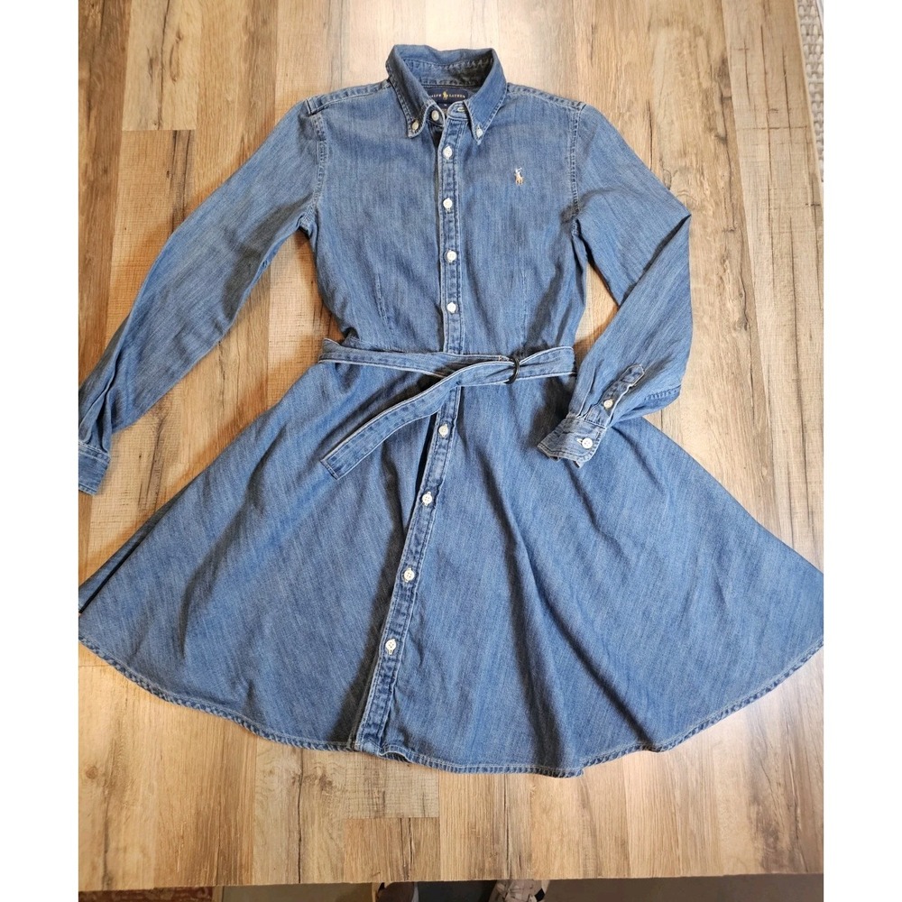 Polo Ralph Lauren Chambray Denim Shirt Dress Belted Longsleeve Girls 14 Preppy